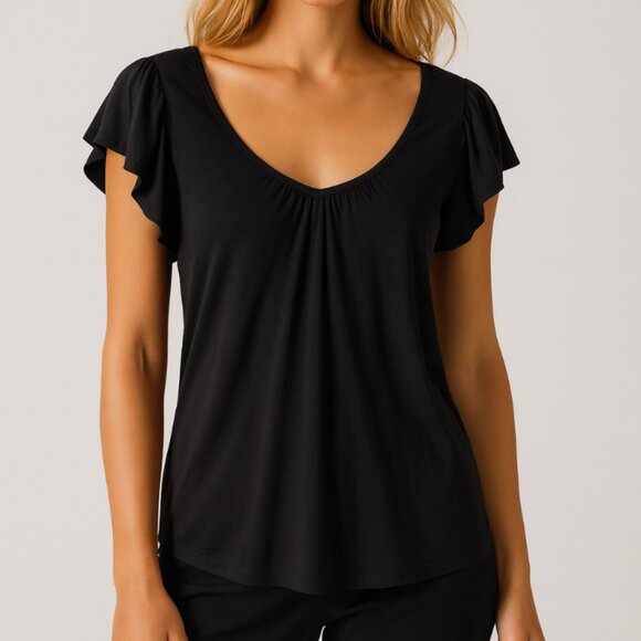 BCBGMAXAZRIA | Black V-Neck Ruffle Short Cap Sleeve Tee | Size Small - Picture 1 of 11